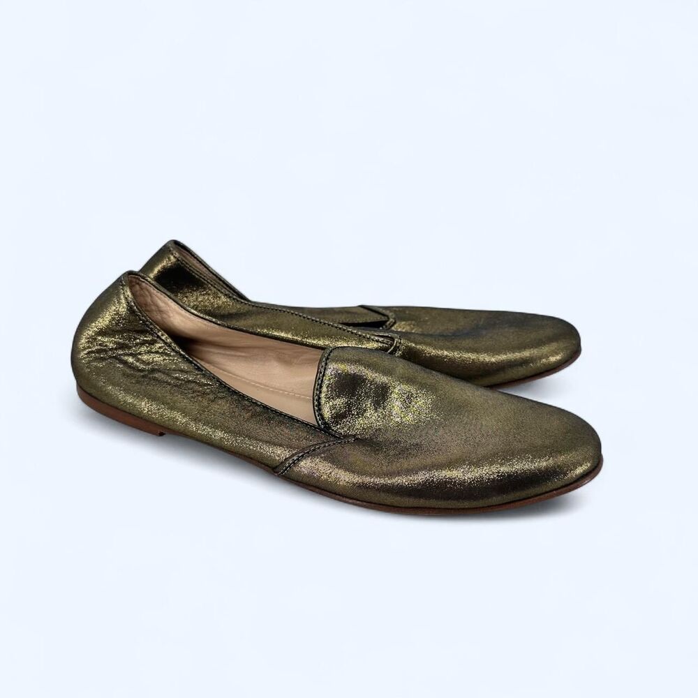 Gold Metallic Crinkled Soft Leather Smoking Slipper Flats NWOT